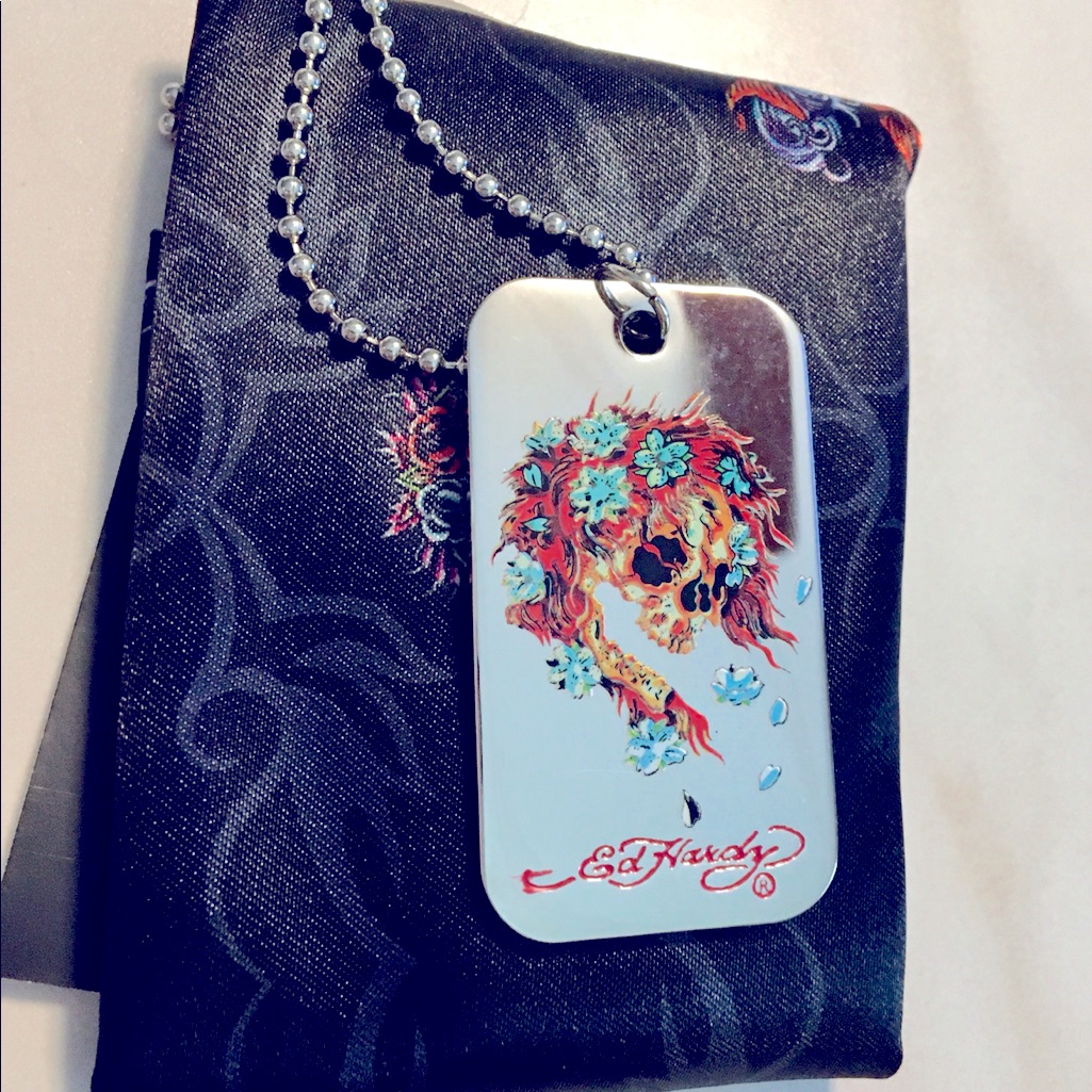 Nwt Ed Hardy Dog Tag Necklace With Coa And Pouch